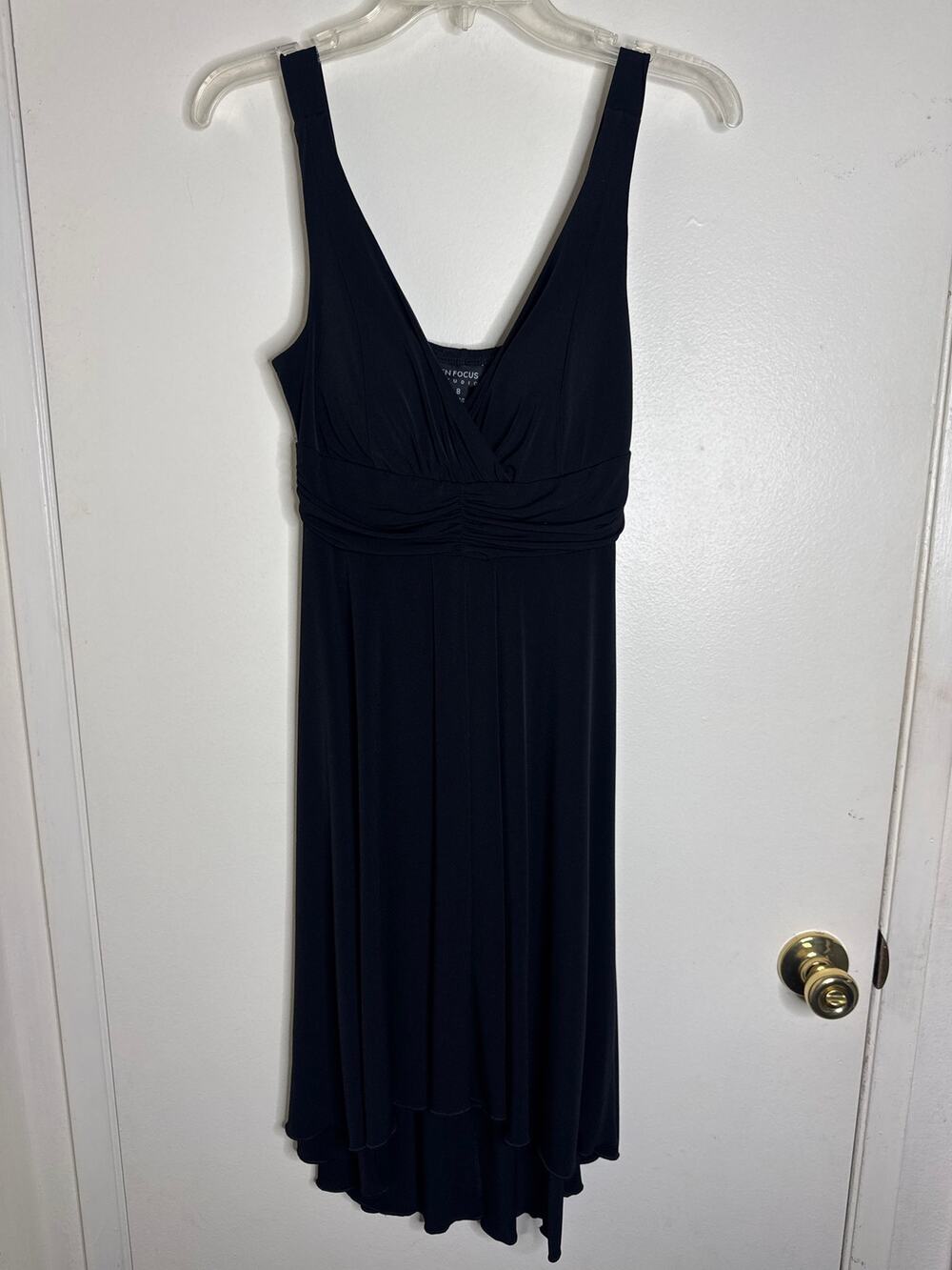Enfocus Studio Black High Low Cocktail Dress Ruched V-Neck Empire Waist Sz 8